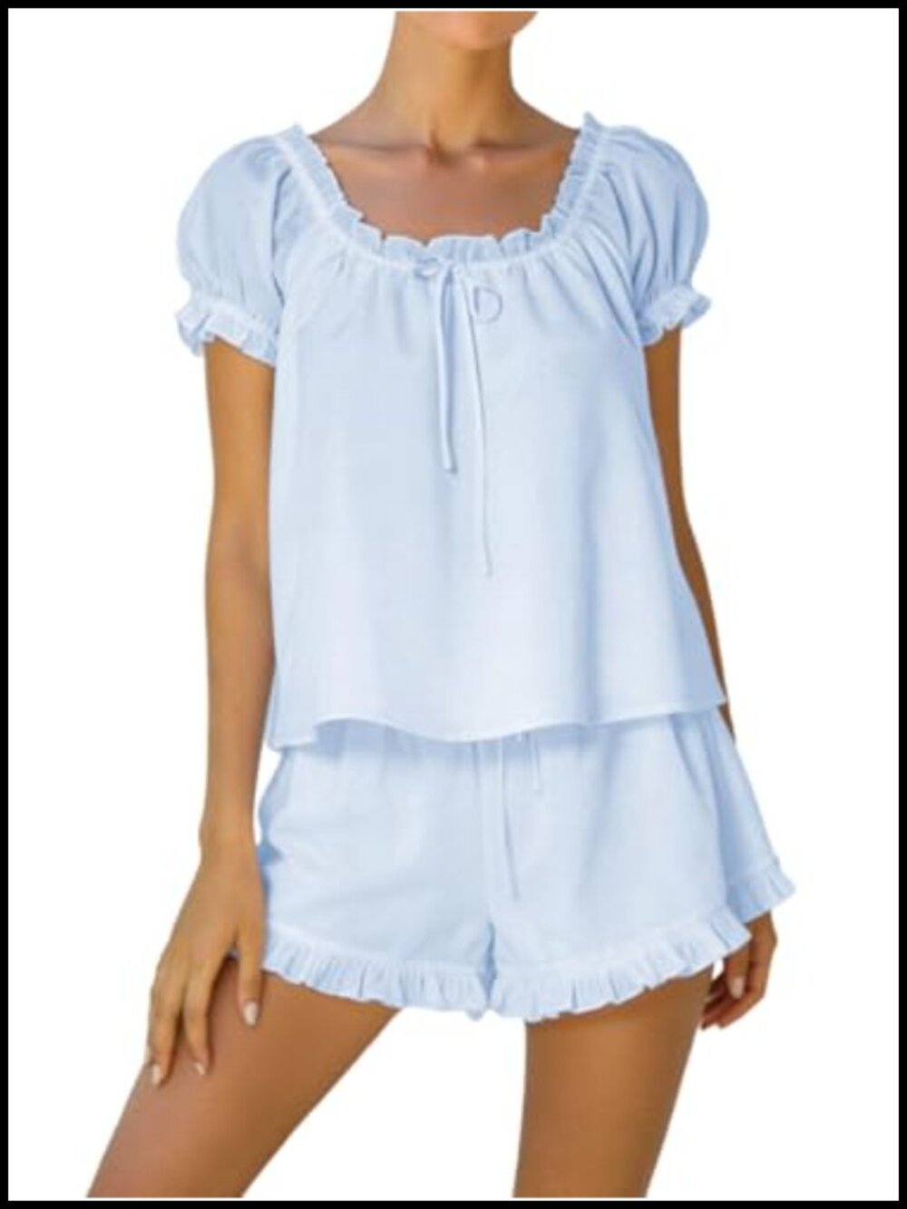 100% Cotton Ruffle Pajama Set Puff Sleeve 2 Piece Sleepwear Lounge Set